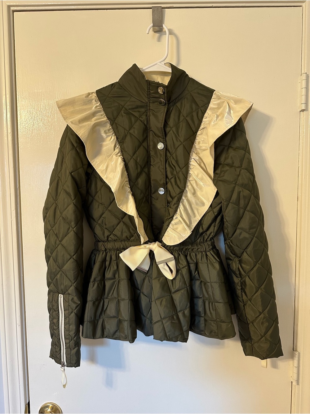 Quilted Olive Green Ruffle-Trim Jacket with Cream Accents